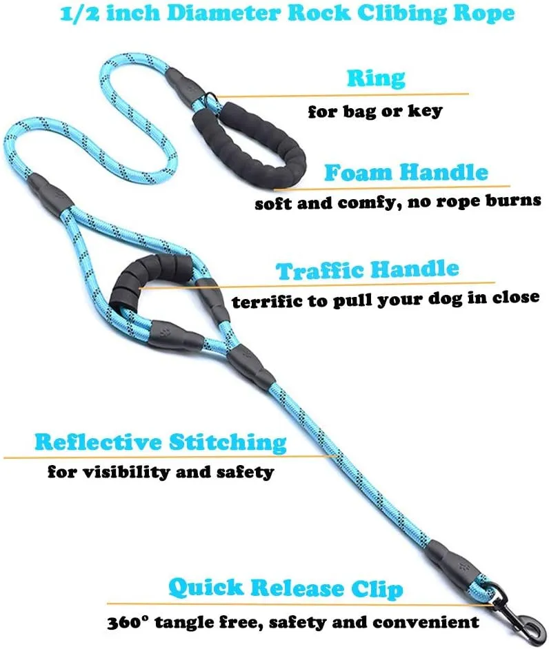 Love Dream Dog Leash 5ft Long with 2 Comfortable Padded Handles, Reflective Threads Double Handles Lead for Control Safety Dog Training Leash for Small Medium Large Dogs (5 FT, Blue)