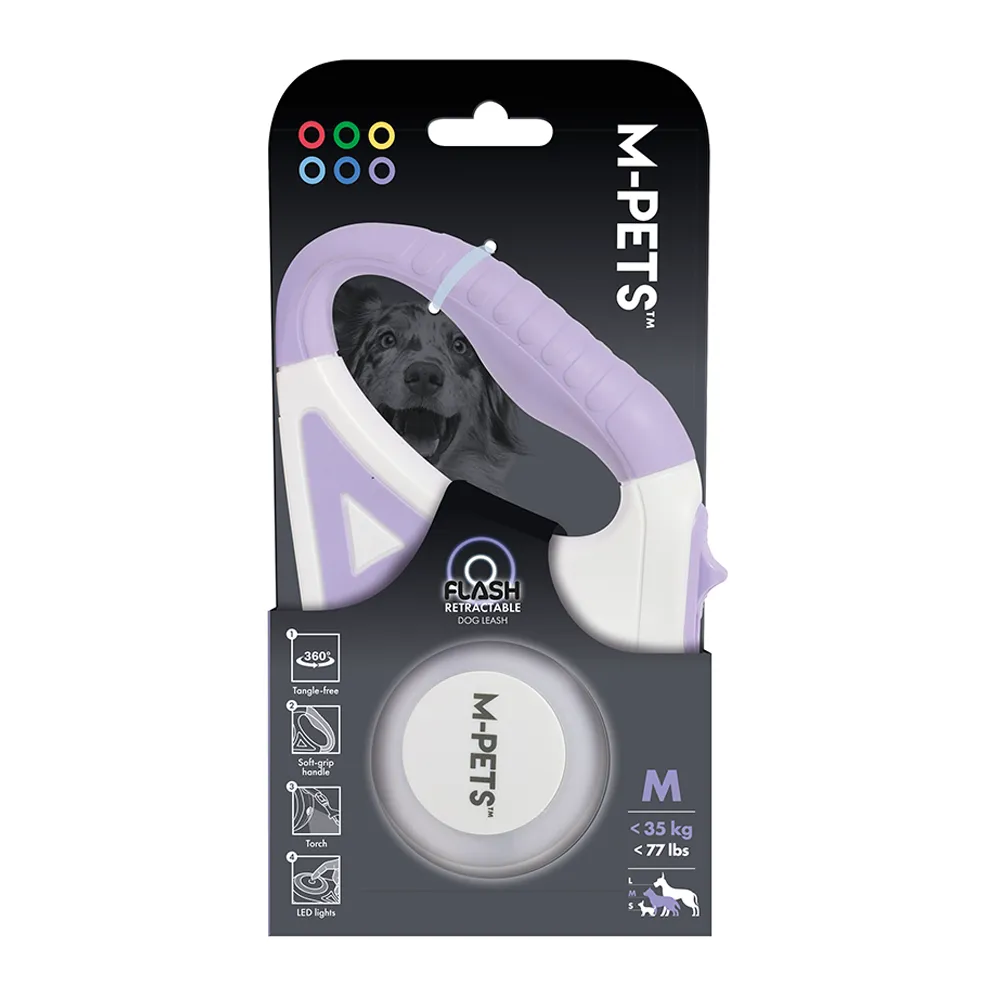 M-PETS Flash Retractable Leash White & Purple