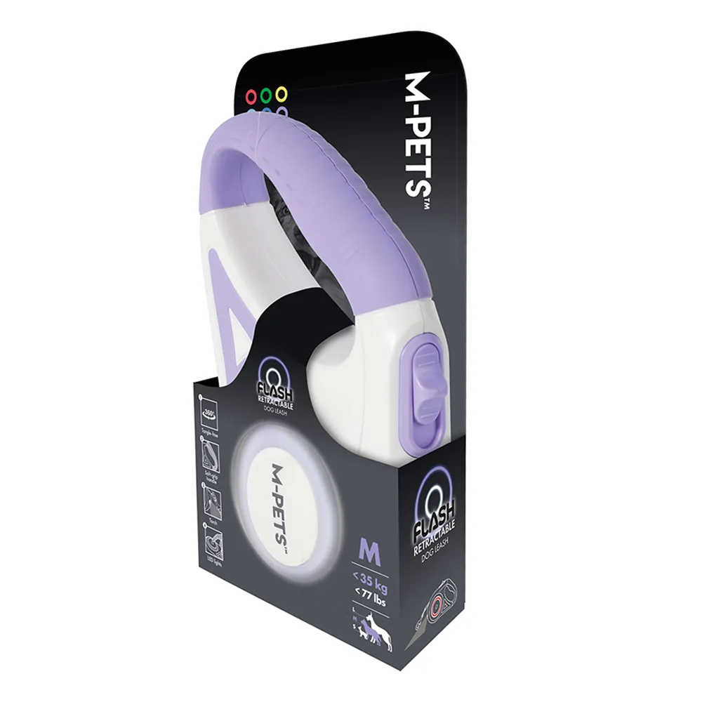 M-PETS Flash Retractable Leash White & Purple