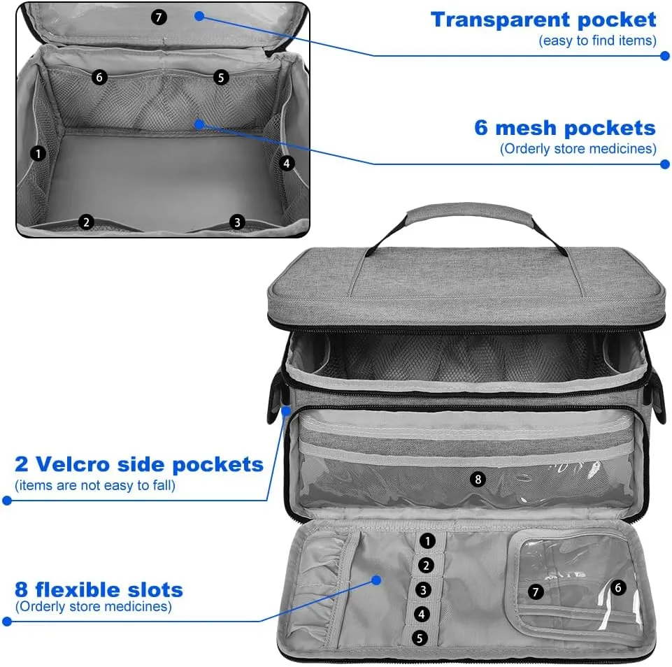 Medicine Bag, First Aid Kit, Medicine Storage Box, Medicine Bag for Traveling, Holds Pills, Vitamins and Medical Supplies, Medicine Bottle Organizer for Home Storage and Travel Use, Grey