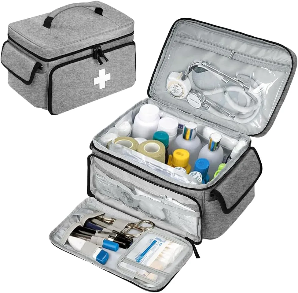 Medicine Bag, First Aid Kit, Medicine Storage Box, Medicine Bag for Traveling, Holds Pills, Vitamins and Medical Supplies, Medicine Bottle Organizer for Home Storage and Travel Use, Grey