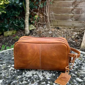 Men's Cognac Double Zip Leather Wash Bag