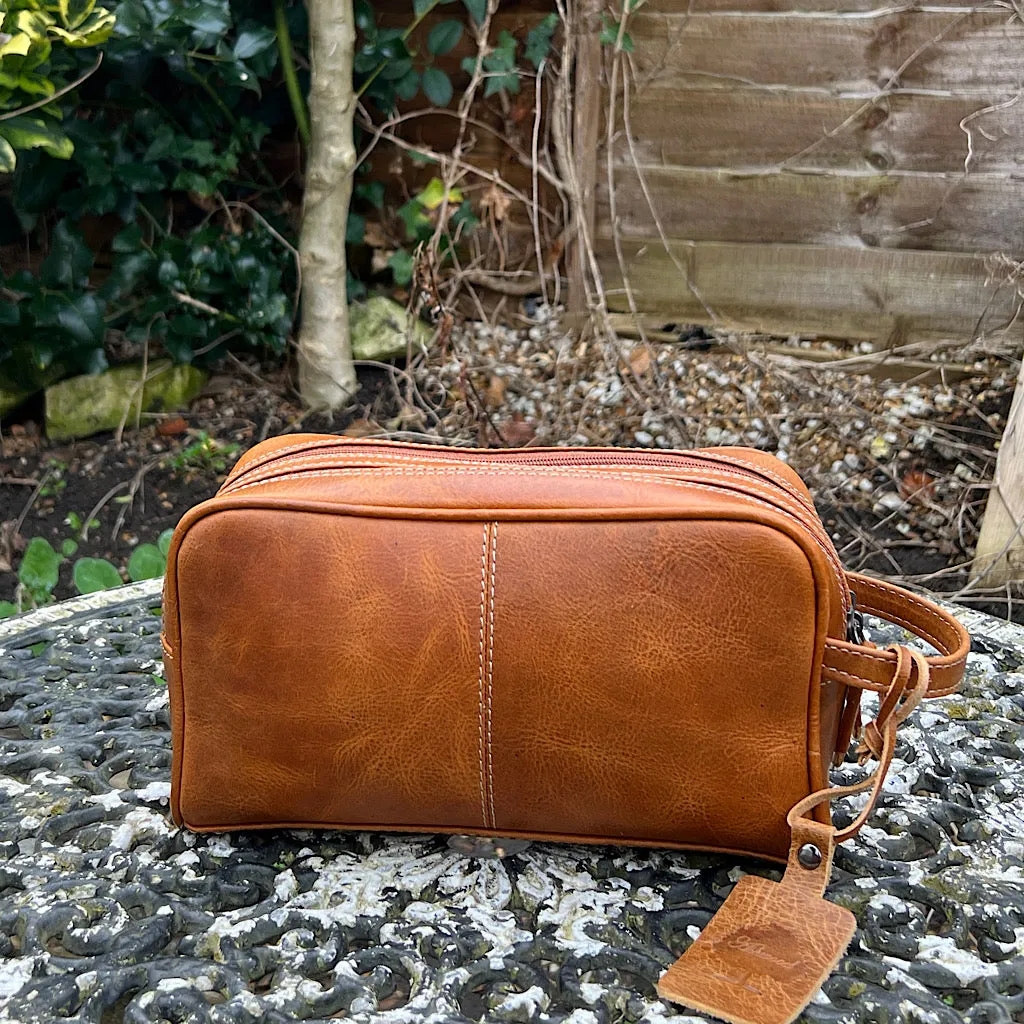 Men's Cognac Double Zip Leather Wash Bag