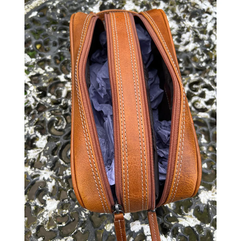 Men's Cognac Double Zip Leather Wash Bag