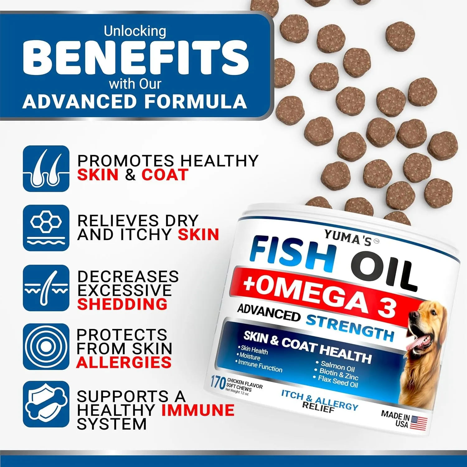 Omega 3 Fish Oil for Dogs - 170 Chews - Skin and Coat Supplement - Omega 3 for Dogs - Dry & Itchy Skin Relief Treatment - Allergy Support Dog anti Shedding Treats - Salmon - EPA & DHA - Chicken Flavor