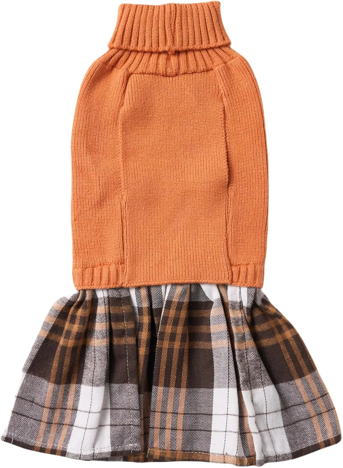 Orange Knitted Dog Sweater Dress, Plaid Girl Dog Clothes Winter for Small Dogs, Terrier Doggy Pet Apparel, Medium (M)