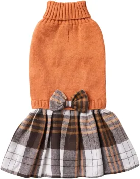 Orange Knitted Dog Sweater Dress, Plaid Girl Dog Clothes Winter for Small Dogs, Terrier Doggy Pet Apparel, Medium (M)