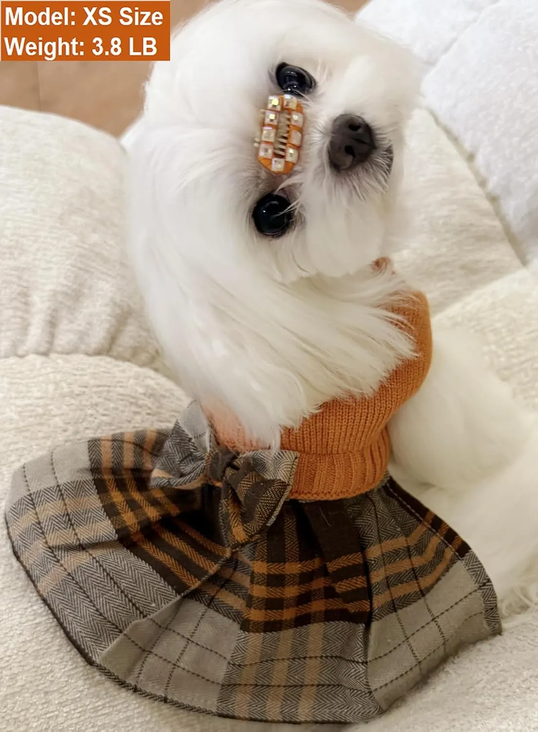 Orange Knitted Dog Sweater Dress, Plaid Girl Dog Clothes Winter for Small Dogs, Terrier Doggy Pet Apparel, Medium (M)