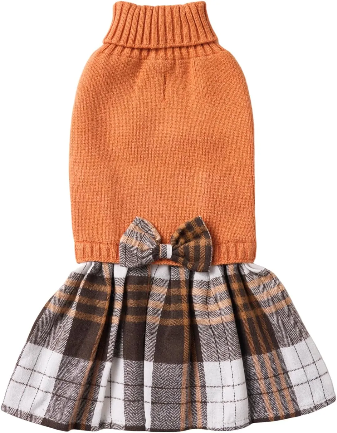 Orange Knitted Dog Sweater Dress, Plaid Girl Dog Clothes Winter for Small Dogs, Terrier Doggy Pet Apparel, Medium (M)
