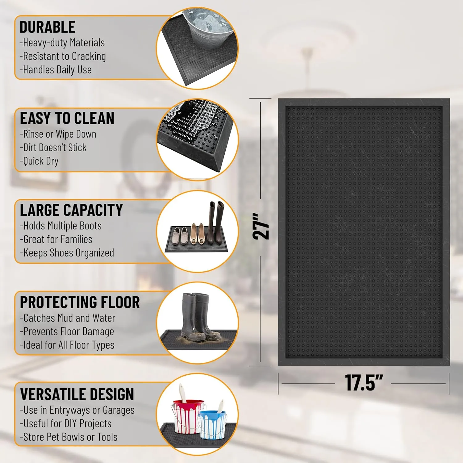 Ottomanson Indoor/Outdoor Boot Tray Non-Slip Doormat Modern Entryway Mat for Entryway Patio Backyard Garage, 17.5" x 27", Black