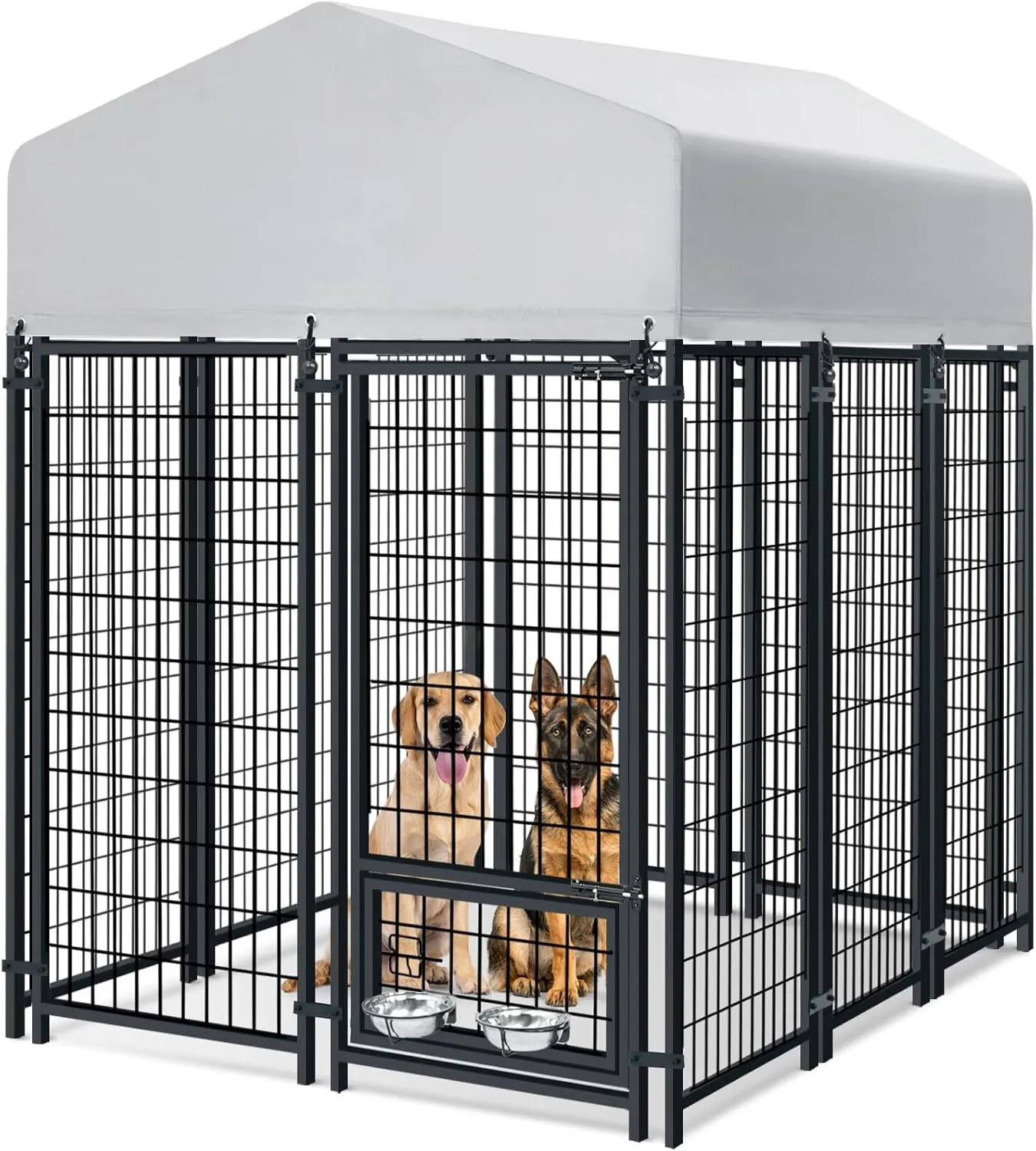 Outdoor Dog Kennel for Large Dogs, Heavy Duty Welded Wire Steel Dog Playpen Fence with Secure Lock, Dog Pen with Waterproof Roof Cover and 2 Rotating Dog Bowls for Small/Medium/Large Dogs