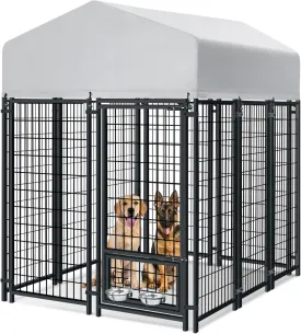 Outdoor Dog Kennel for Large Dogs, Heavy Duty Welded Wire Steel Dog Playpen Fence with Secure Lock, Dog Pen with Waterproof Roof Cover and 2 Rotating Dog Bowls for Small/Medium/Large Dogs
