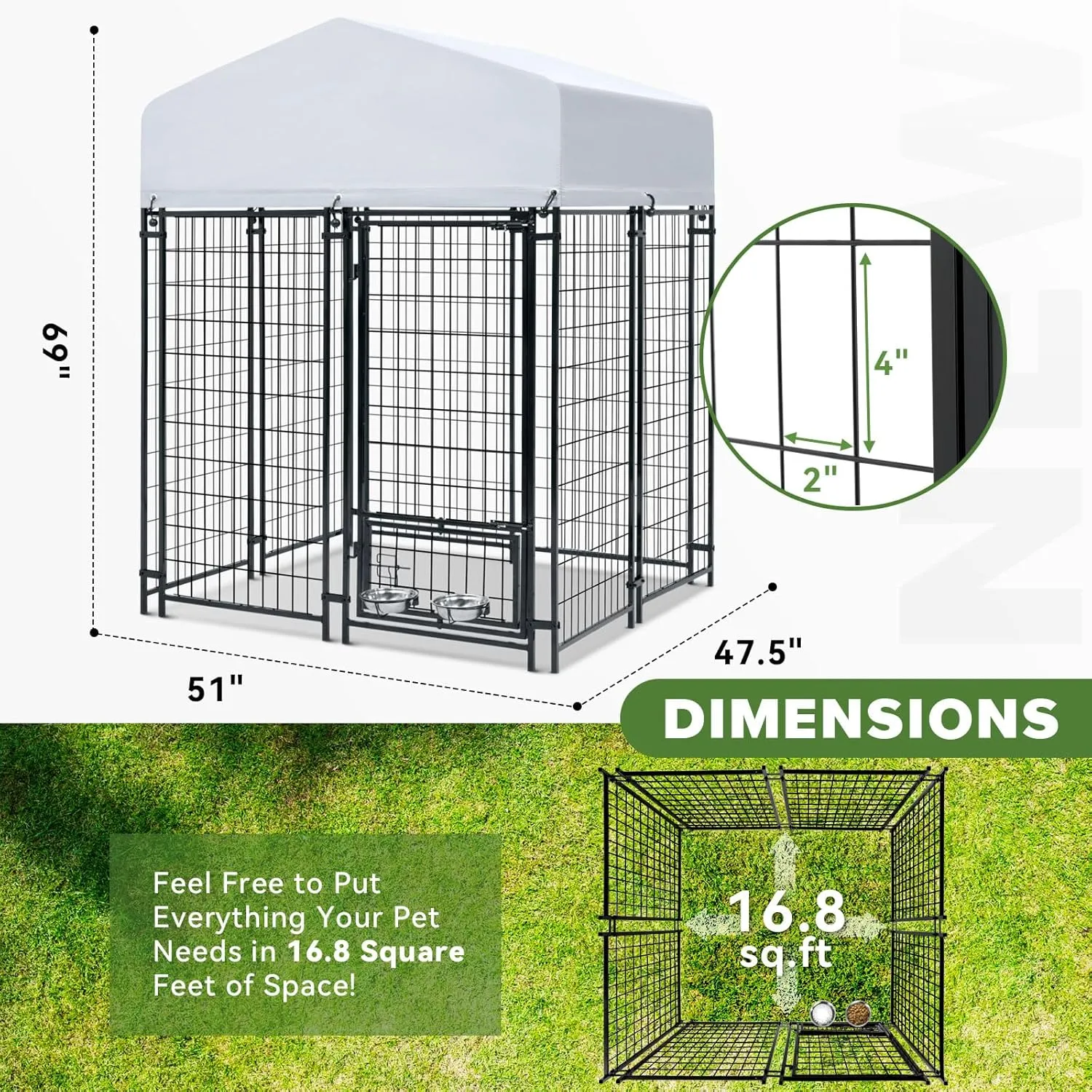 Outdoor Dog Kennel for Large Dogs, Heavy Duty Welded Wire Steel Dog Playpen Fence with Secure Lock, Dog Pen with Waterproof Roof Cover and 2 Rotating Dog Bowls for Small/Medium/Large Dogs