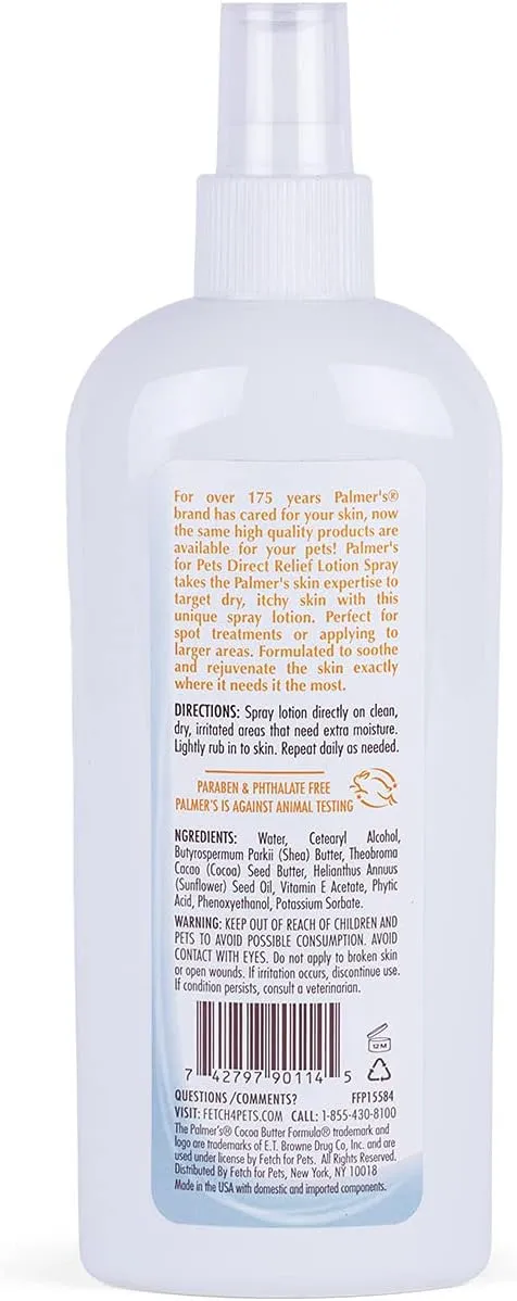 Palmer's for Pets Cocoa Butter Formula Direct Relief Lotion Spray for Dogs with Vitamin E | Fragrance Free Dog Lotion for Dry Itchy Skin Spray On Lotion for Dogs - 8 oz (FF15584)