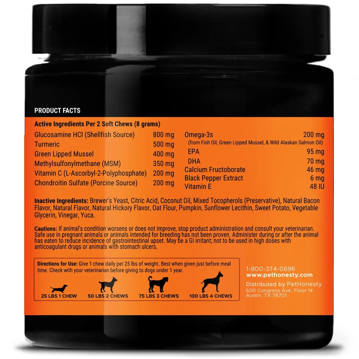 Pet Honesty Hip and Joint Max-Stregth Bacon Chewy Dog Supplements - 90 Count - 12.7 Oz