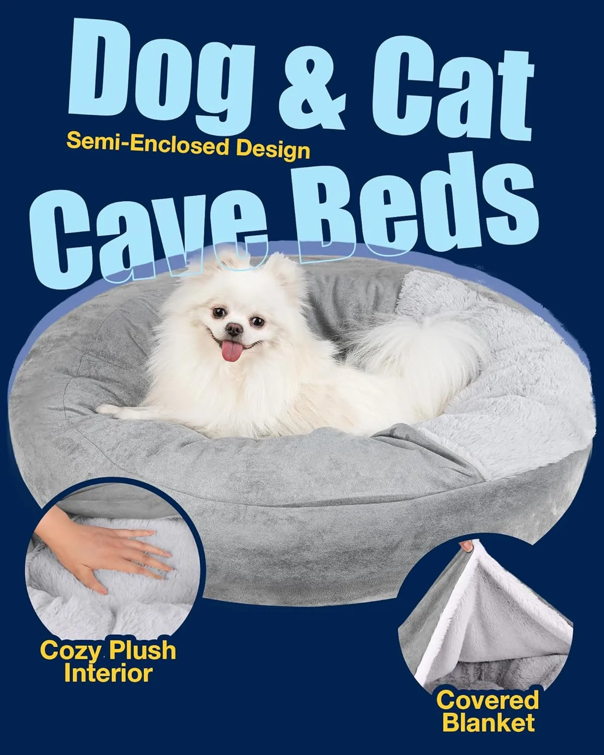 Pet Soft Small Dog & Cat Bed - Round Calming Cuddler with Cover & Cave - Washable for Small, Medium Dogs & Cats (Grey, 27")