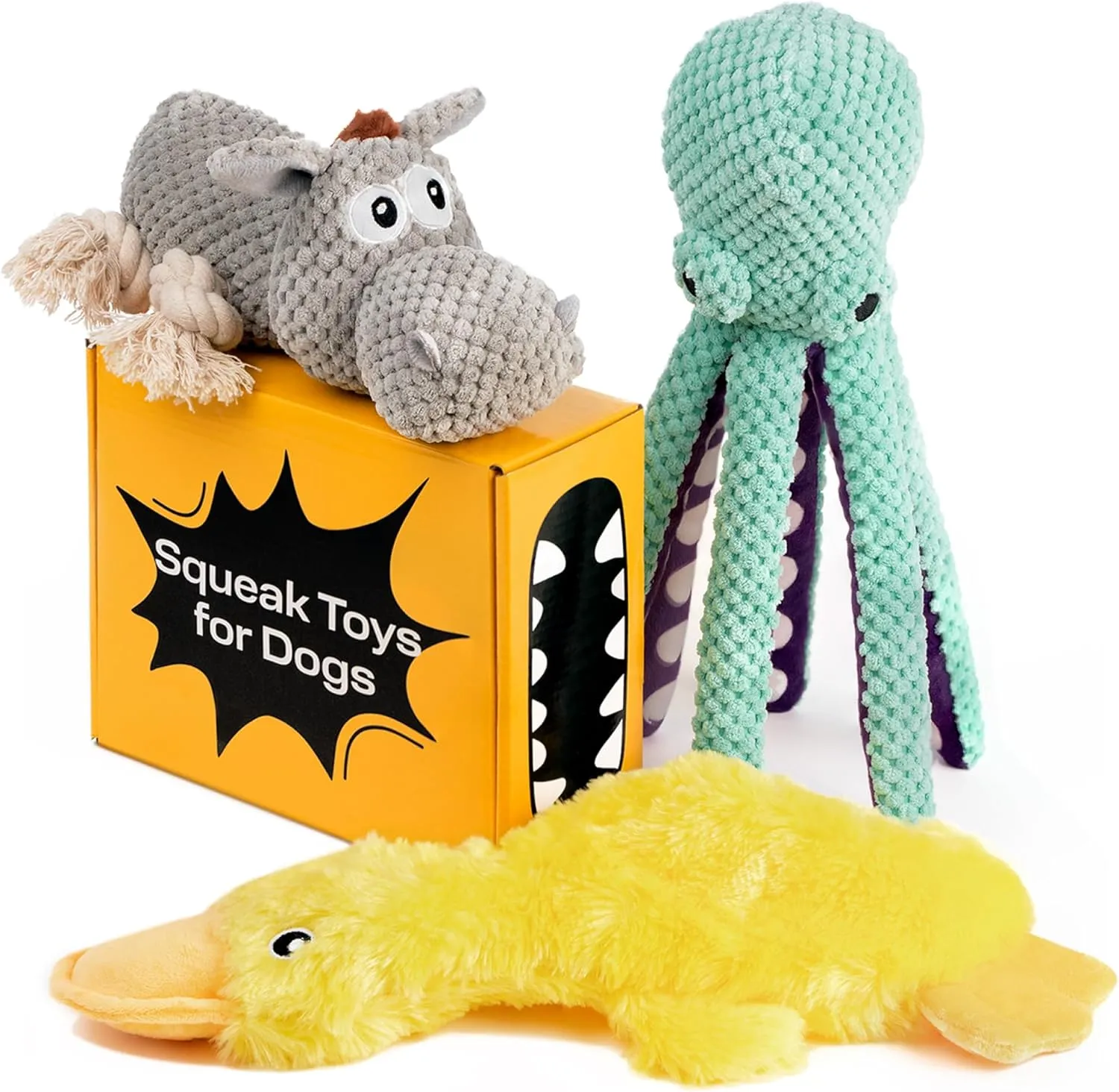 PetSpy Squeaky Stuffed Dog Toy Pack - 3 Dog Chew Toys for Large, Medium, Small Dogs and Puppies- Rope Donkey, Plush Octopus, Crinkle Duck Toy - Pet Supplies Toys for Dogs to Keep Them Busy