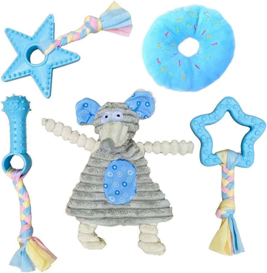 Puppy Toys for Teething, Puppy Chew Toys for Small Dogs, Puppy Supplies, Blue, Small Breed Corgi Size, 5 Pack