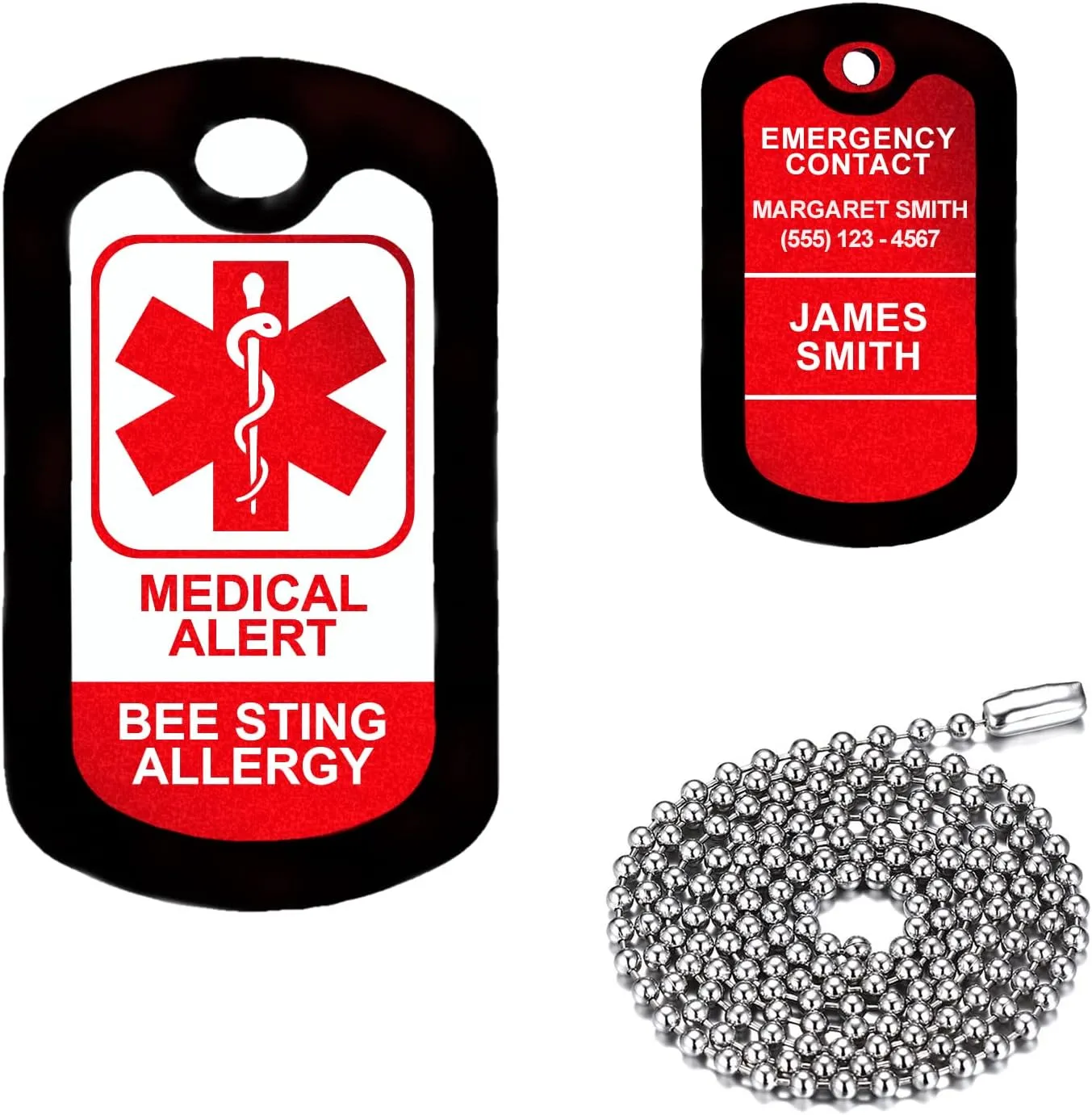 Red Medical Alert - Bee Sting Allergy - Customized Aluminum Medical ID Tag with 24" Stainless Steel Necklace - Made in USA