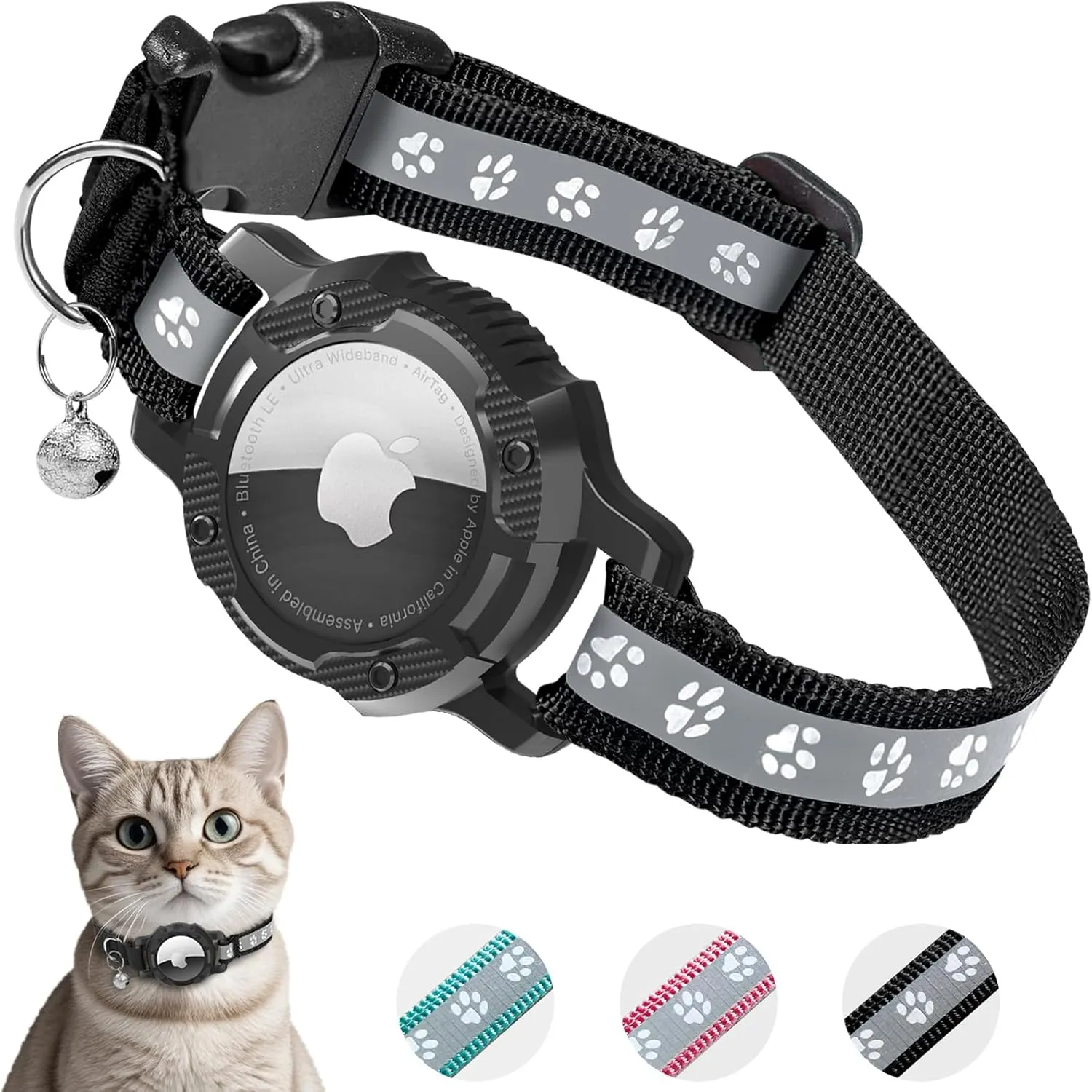 Reflective Airtag Cat Collar, Cat Collar with Airtag Holder and Bell, Integrated GPS Tracker Air Tag Cat Collar, Safety Elastic Band Kitten Collar for Girl Boy, Cats, Puppie