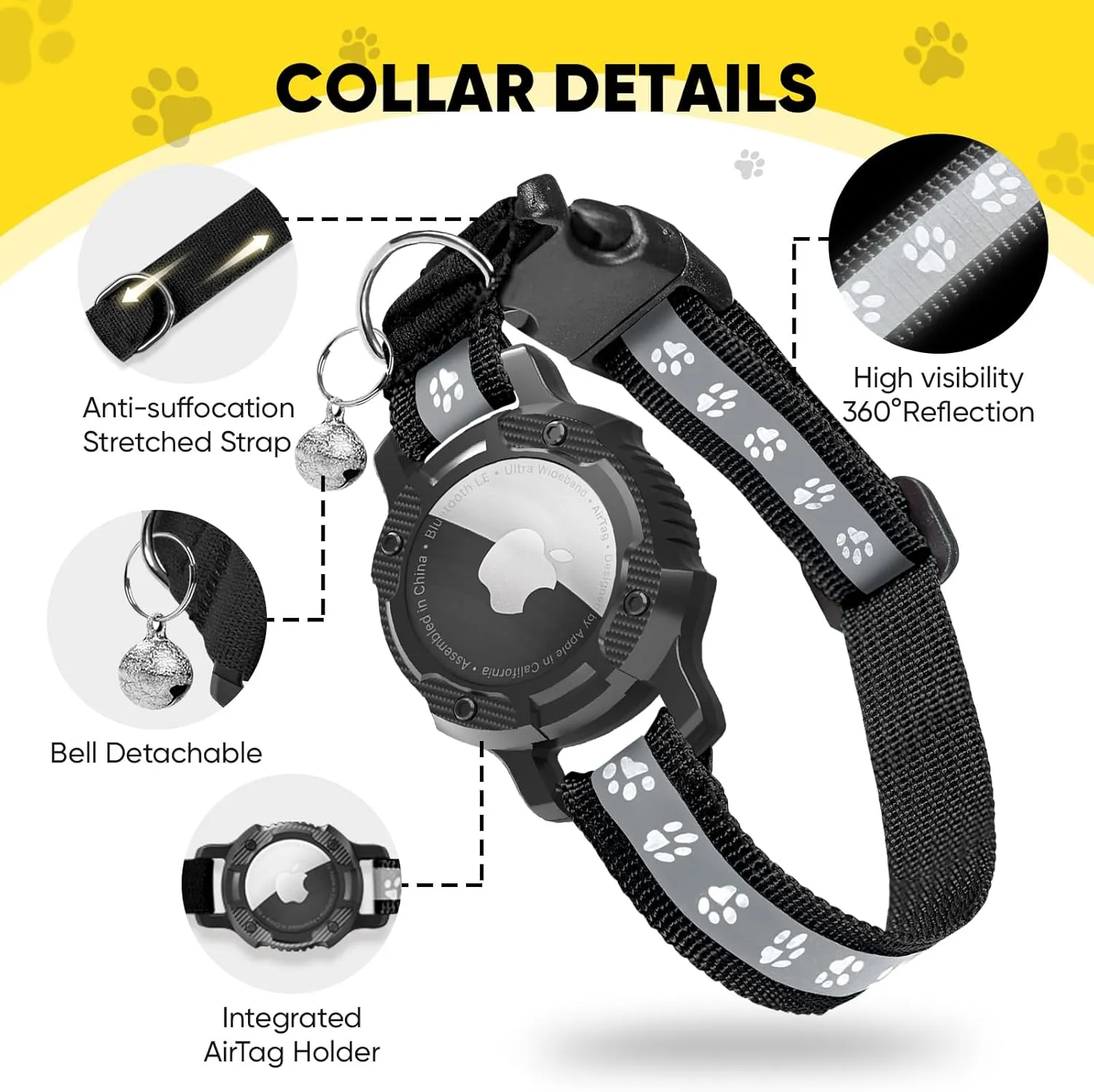 Reflective Airtag Cat Collar, Cat Collar with Airtag Holder and Bell, Integrated GPS Tracker Air Tag Cat Collar, Safety Elastic Band Kitten Collar for Girl Boy, Cats, Puppie