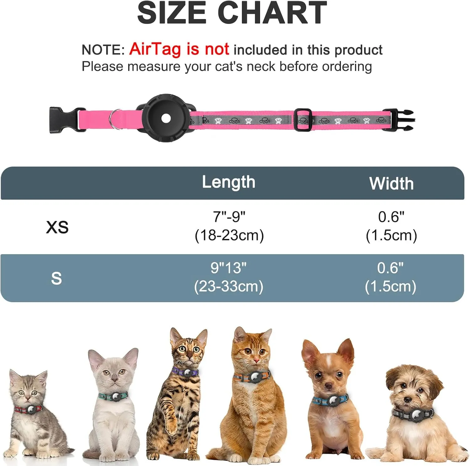 Reflective AirTag Cat Collar, Integrated Cat Tracker Collar with Air Tag Holder and Bell, Safety Elastic Band Cat GPS Collars for Girl Boy Cats, Kittens and Puppies (Hotpink,S)