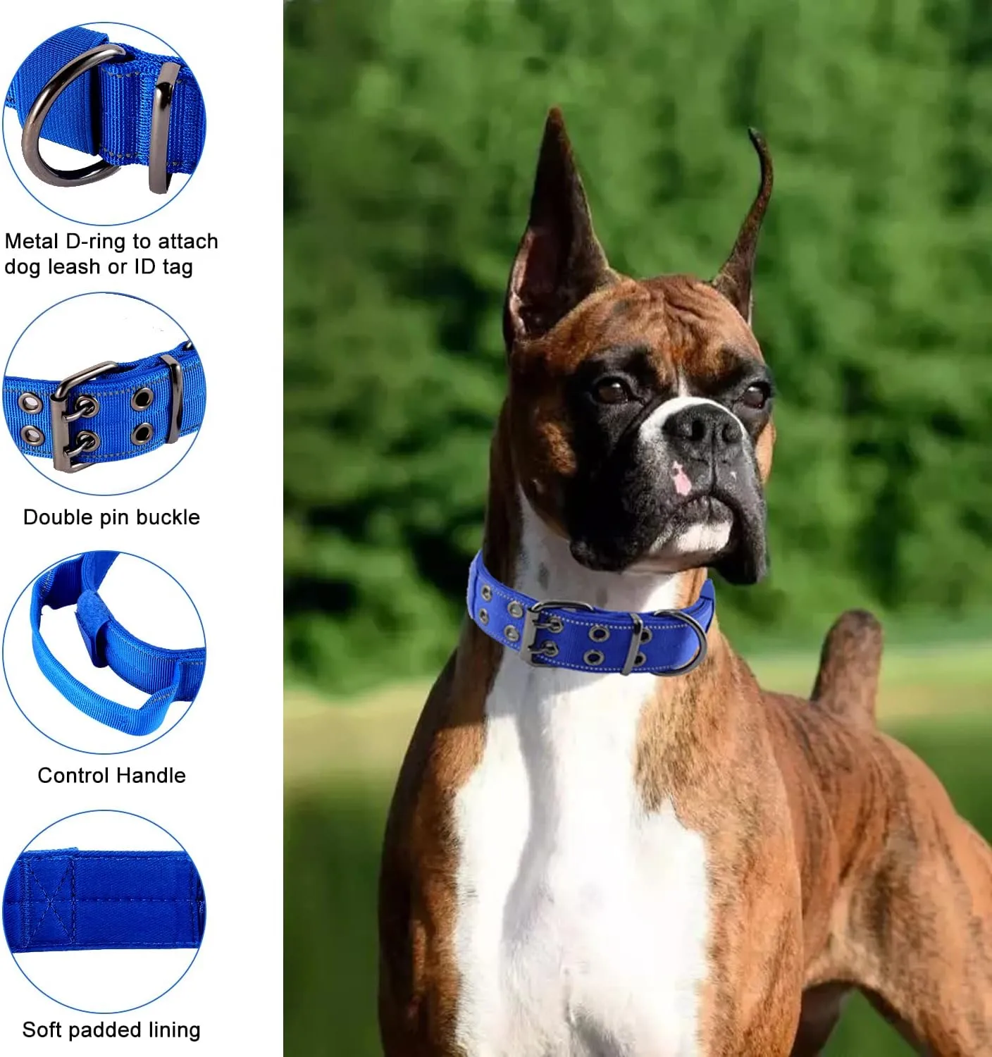 Reflective Dog Collar Heavy Duty Tactical with Control Handle and Metal Buckle for Dog Training(M,Blue)