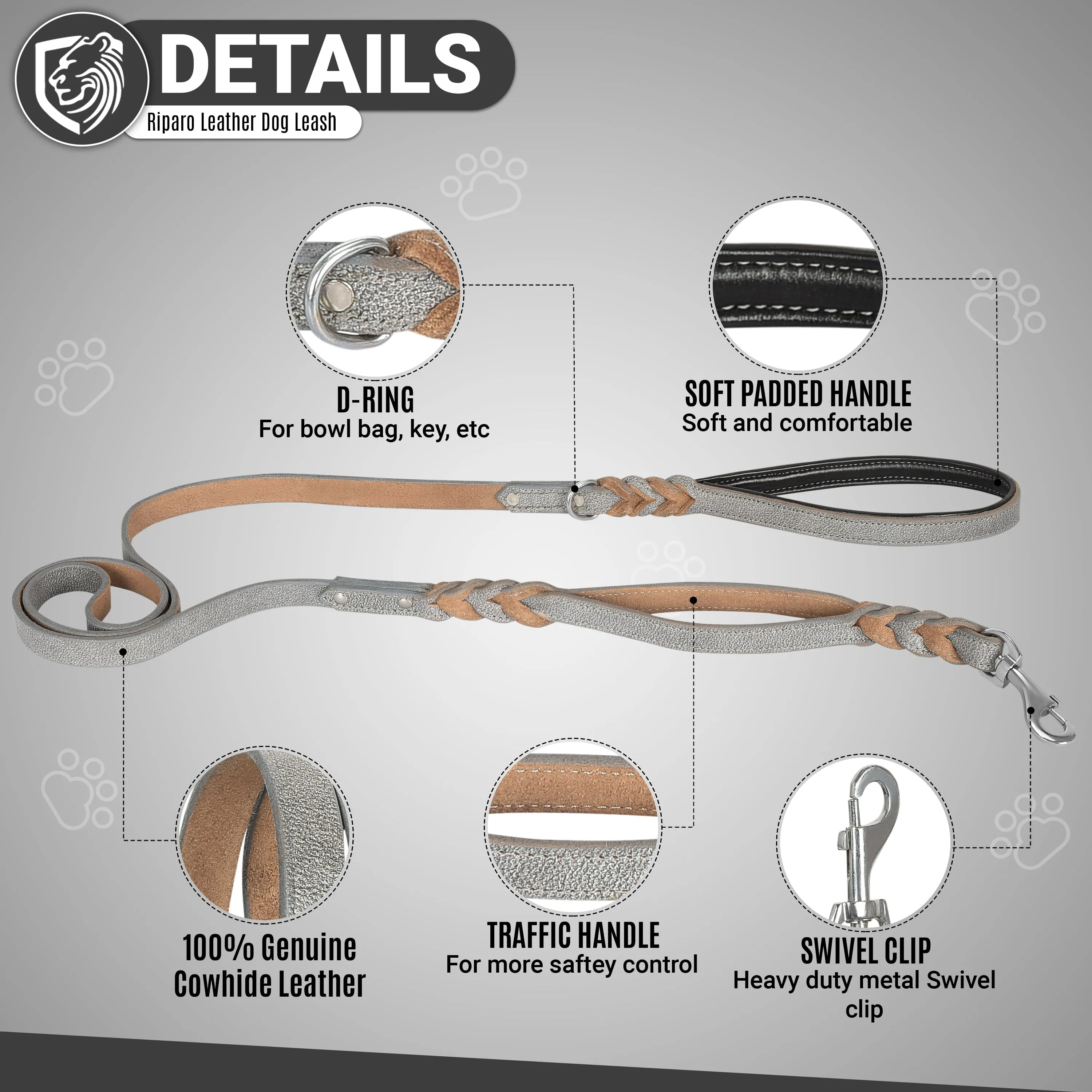 Riparo Heavy Duty Leather Braided Dog Leash with 2 Handles,Padded Traffic Handle for Extra Control, 6 Foot Dog Training Walking Leashes for Medium Large Dogs - Grey