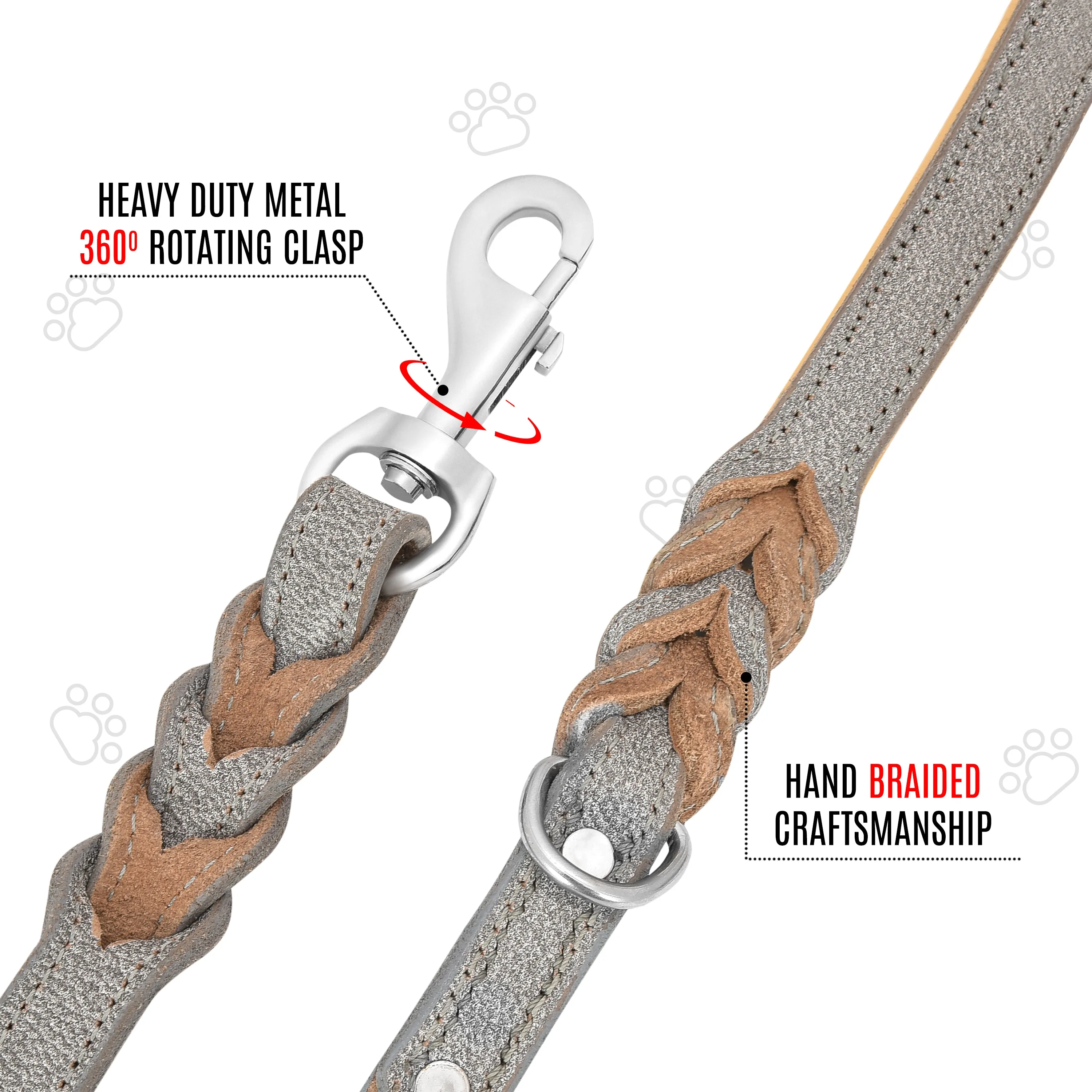 Riparo Heavy Duty Leather Braided Dog Leash with 2 Handles,Padded Traffic Handle for Extra Control, 6 Foot Dog Training Walking Leashes for Medium Large Dogs - Grey