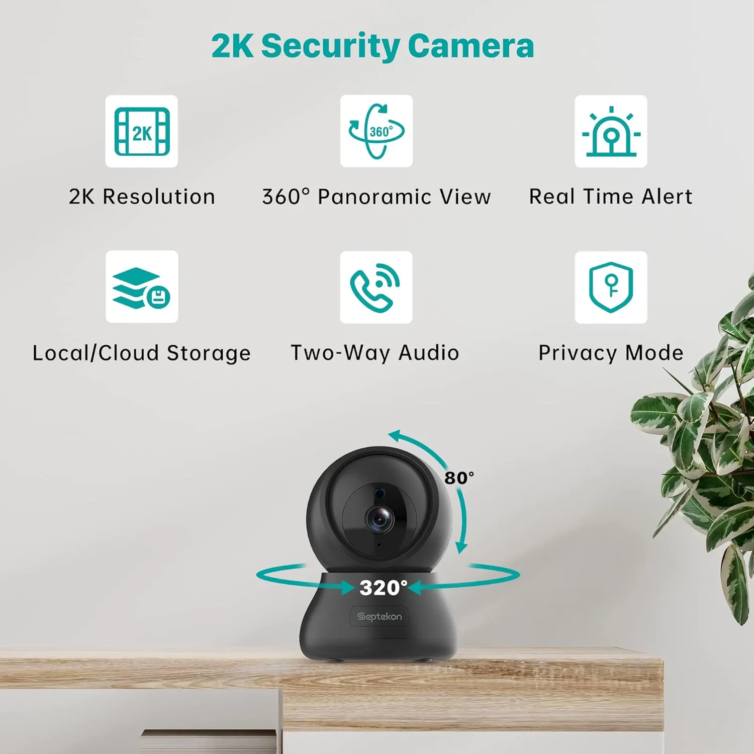 Septekon Indoor Security Camera 2K, 360Pan Tilt Baby Monitor Pet Cameras 2 Pack, 2.4GHz Wi-Fi Camera with Night Vision, Motion Detection, 2-Way Audio Siren, Cloud/SD Card, Works with Alexa, Black