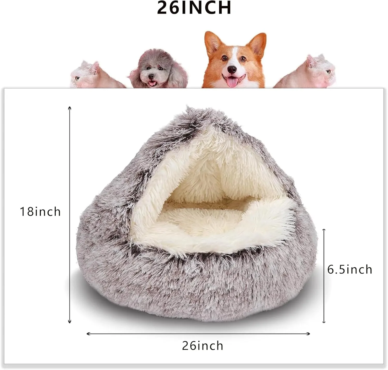 ShinHye Cat Bed Round Plush Fluffy Hooded Cat Bed Cave, Cozy for Indoor Cats or Small Dog beds, Soothing Pet Beds Doughnut Calm Anti-nxiety Dog Bed - Waterproof Bottom Washable (2626inch, Coffee)