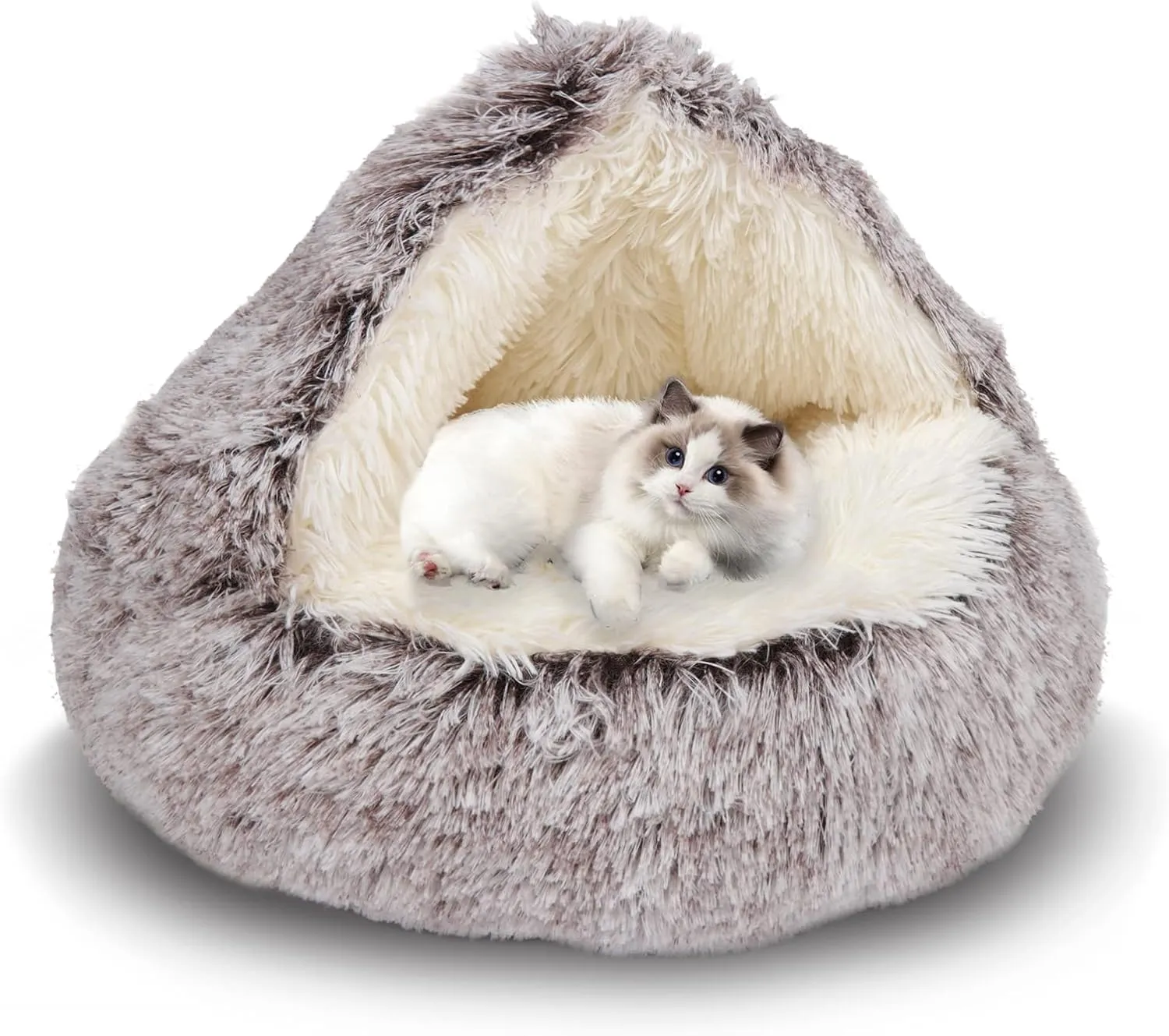 ShinHye Cat Bed Round Plush Fluffy Hooded Cat Bed Cave, Cozy for Indoor Cats or Small Dog beds, Soothing Pet Beds Doughnut Calm Anti-nxiety Dog Bed - Waterproof Bottom Washable (2626inch, Coffee)