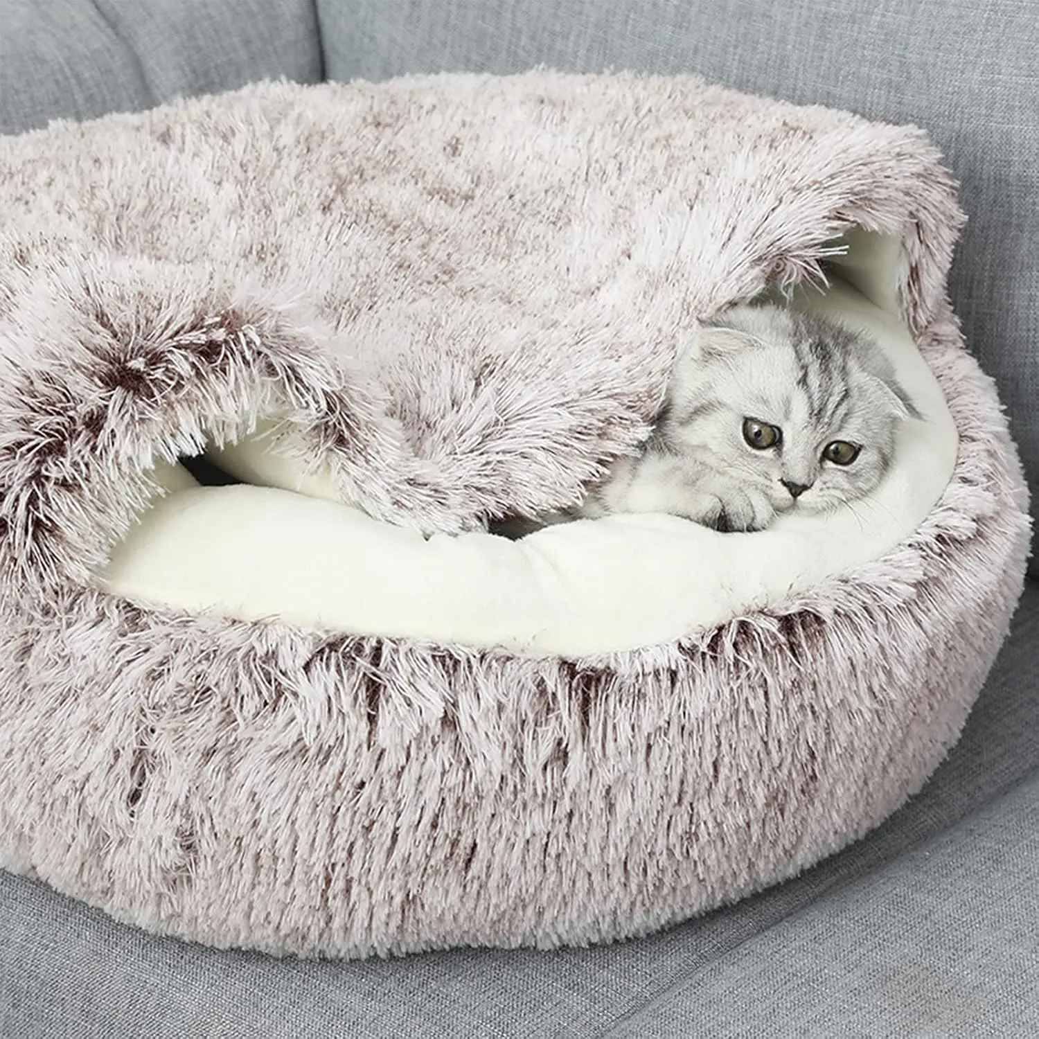 ShinHye Cat Bed Round Plush Fluffy Hooded Cat Bed Cave, Cozy for Indoor Cats or Small Dog beds, Soothing Pet Beds Doughnut Calm Anti-nxiety Dog Bed - Waterproof Bottom Washable (2626inch, Coffee)