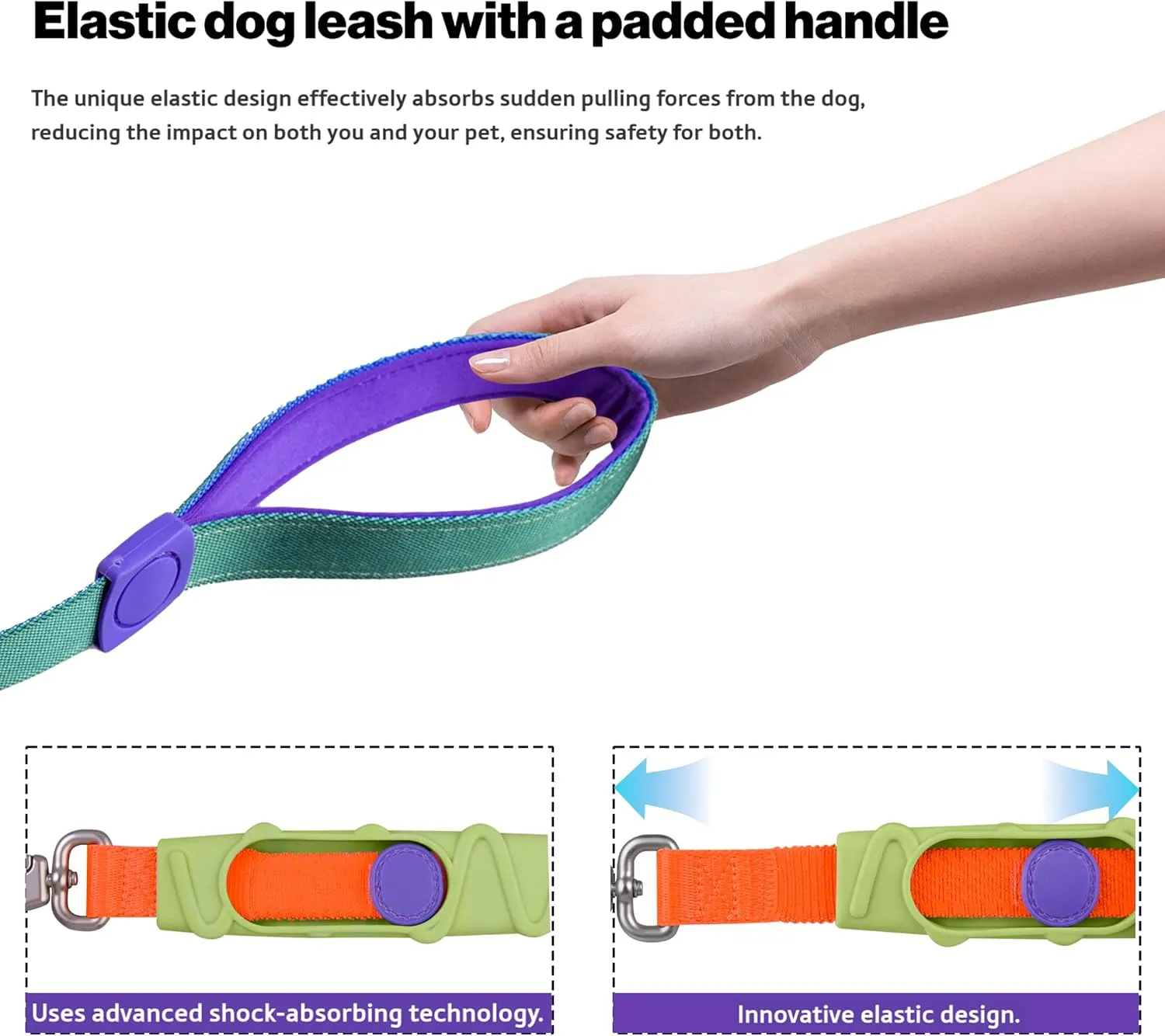 Shock Absorbing Dog Leash, Bungee Dog Leash with Swivel Lockable Hook & Padded Handle, No-Pull Lead for All Dog Sizes - Enhances Safety & Comfort for Outdoor Walks (Green, Curve Strap)