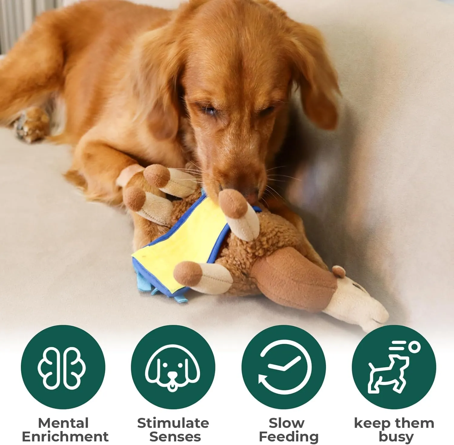 Snuffle Dogs Toys Plush Stuffed Puppy Toy with Squeaky Treat Hide for Large, Medium, Small Dogs and Puppies Slow Feeder, Machine Washable, Pet Supplies Toys for Dogs to Keep Them Busy, Camel