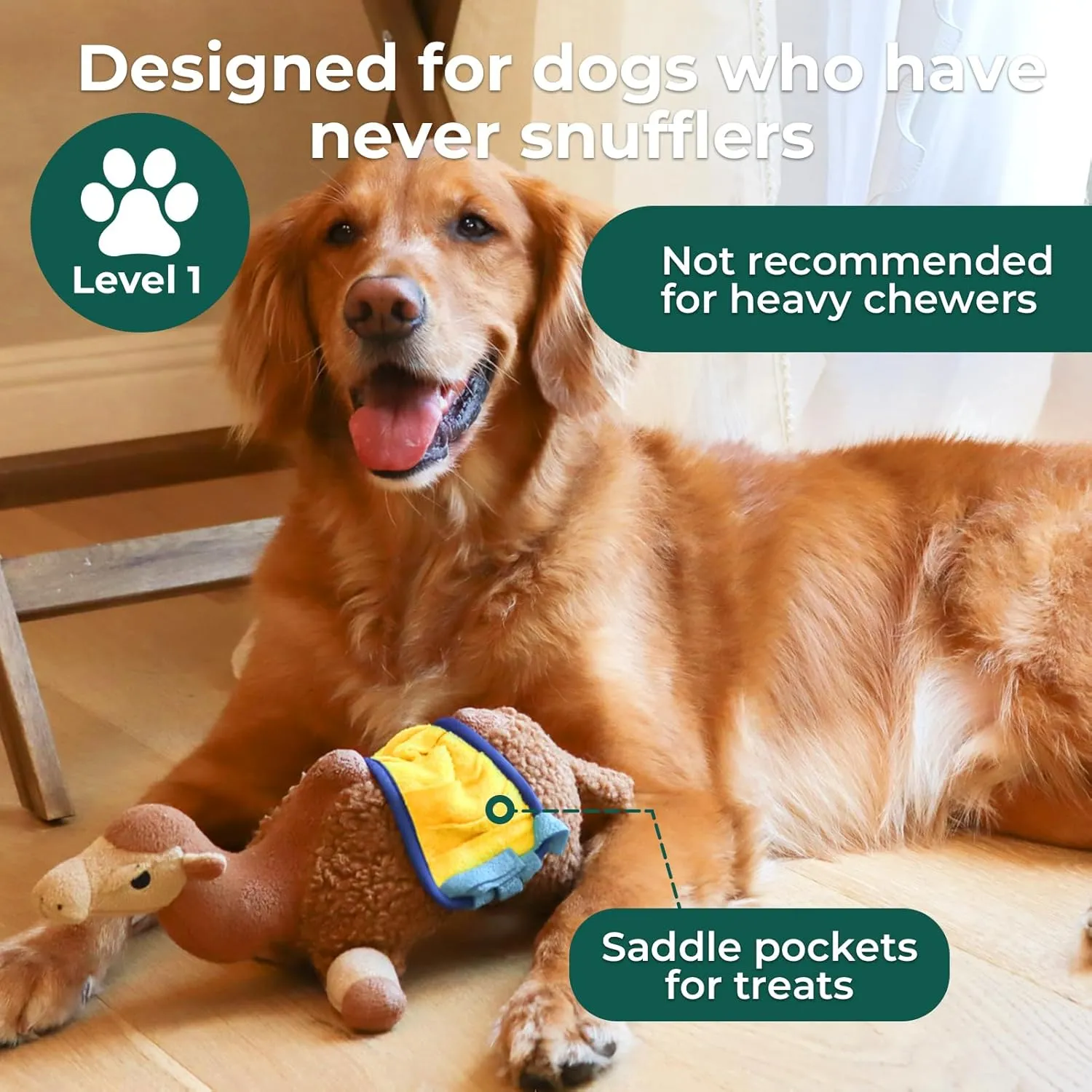 Snuffle Dogs Toys Plush Stuffed Puppy Toy with Squeaky Treat Hide for Large, Medium, Small Dogs and Puppies Slow Feeder, Machine Washable, Pet Supplies Toys for Dogs to Keep Them Busy, Camel