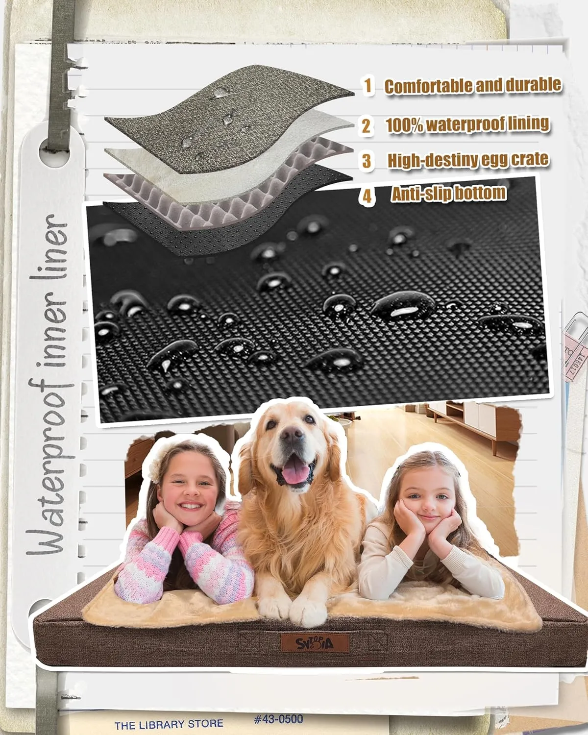 Sytopia 42'' XL Outdoor Orthopedic Dog Beds for Extra Large Dogs with Detachable Blanket, Removable Waterproof and Washable Cover, Egg Crate Foam, Include Blanket, Brown
