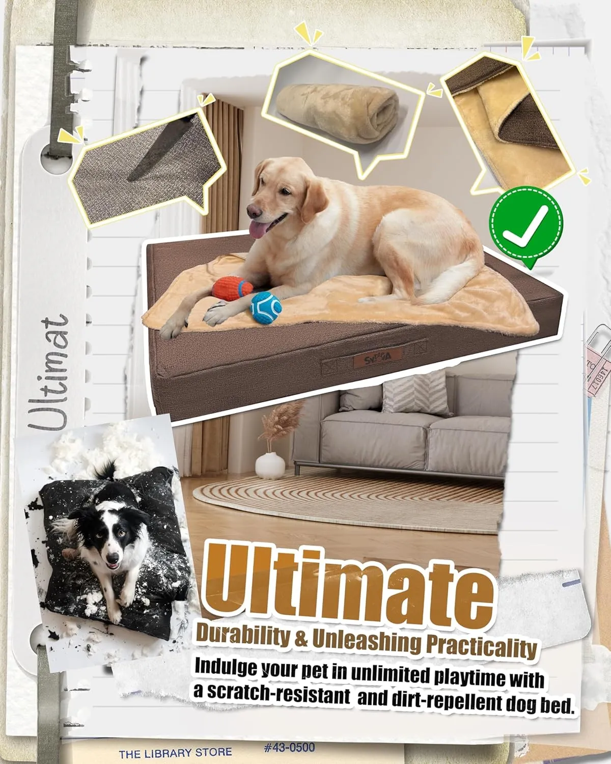 Sytopia 42'' XL Outdoor Orthopedic Dog Beds for Extra Large Dogs with Detachable Blanket, Removable Waterproof and Washable Cover, Egg Crate Foam, Include Blanket, Brown