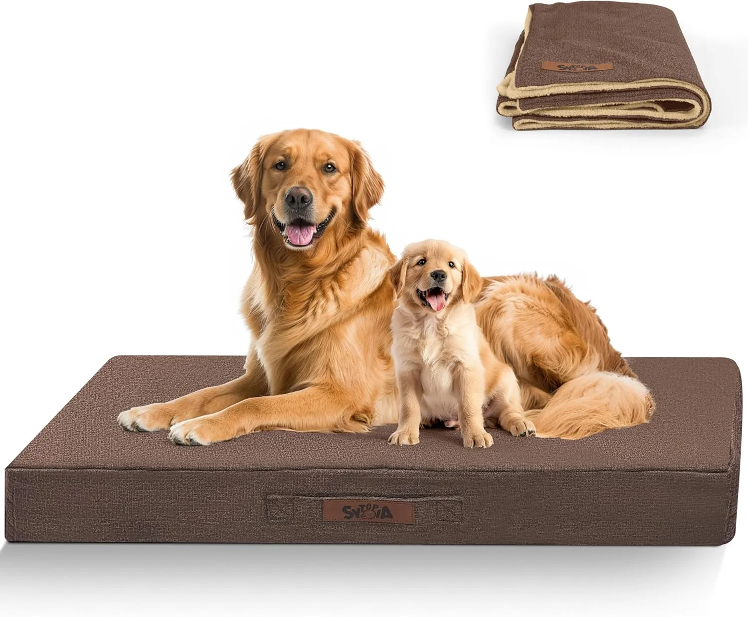 Sytopia 42'' XL Outdoor Orthopedic Dog Beds for Extra Large Dogs with Detachable Blanket, Removable Waterproof and Washable Cover, Egg Crate Foam, Include Blanket, Brown