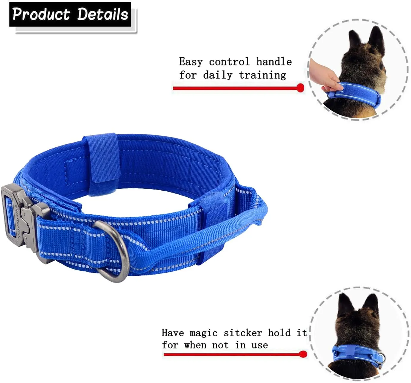 Tactical Dog Collar with Heavy Duty Metal Buckle and Control Handle for Medium Large Dogs Training(Bright Blue, Large)