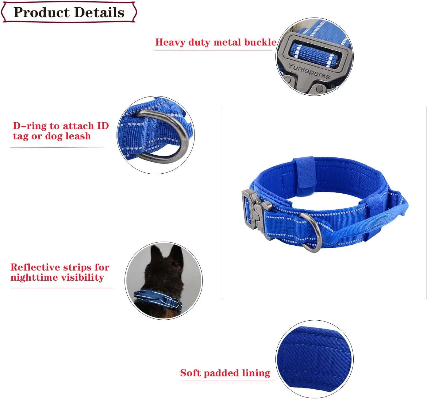 Tactical Dog Collar with Heavy Duty Metal Buckle and Control Handle for Medium Large Dogs Training(Bright Blue, Large)