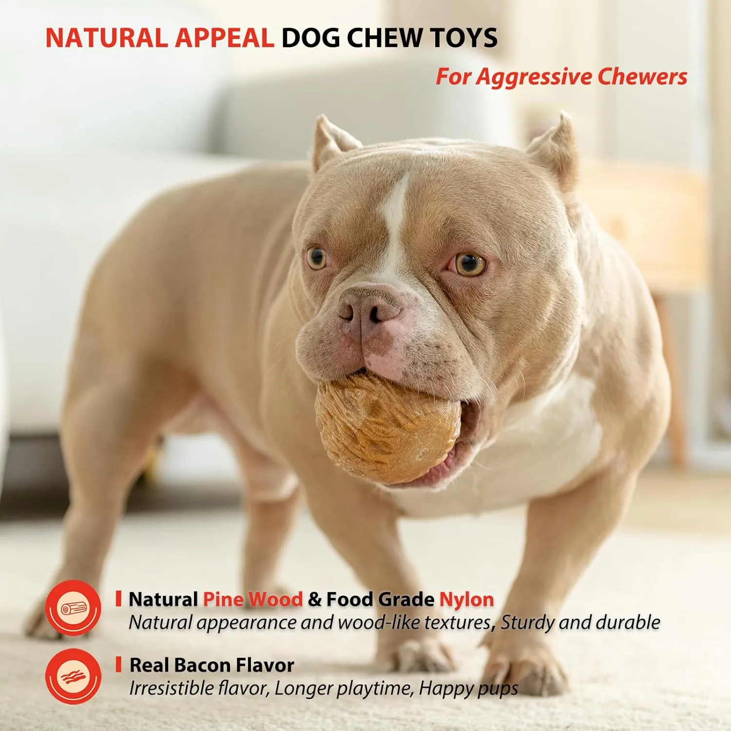 Willjoy 2-Pack Dog Chew Toys for Aggressive Chewers, Tough Dog Toys for Aggressive Chewers, Pine Wood and Nylon Dog Toys for Large Dogs, Bacon Flavor Indestructible Dog Toy Reduce Boredom