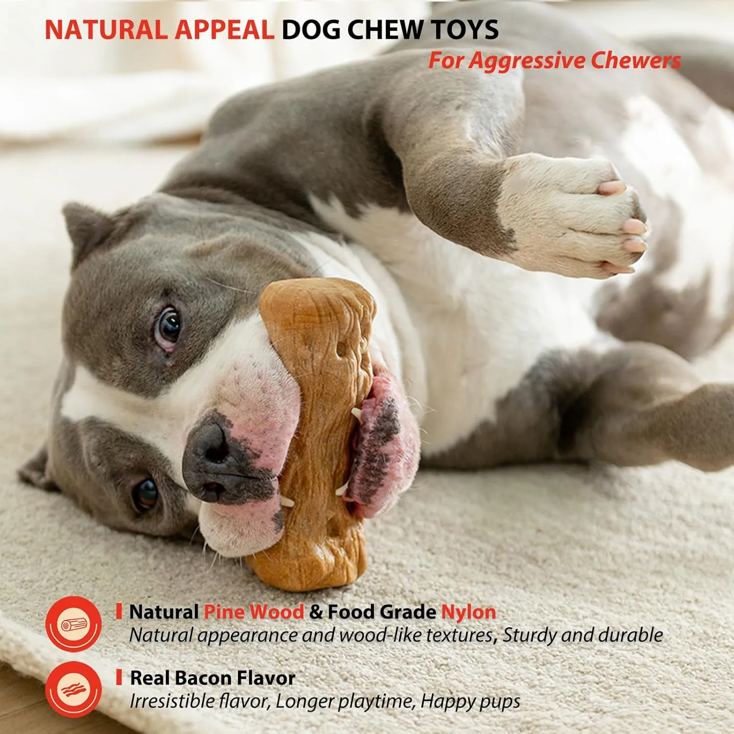 Willjoy 3-Pack Dog Toys for Aggressive Chewers, Chew Toys for Aggressive Chewers, Pine Wood & Nylon, Bacon Flavor Aggressive Chew Toys for Large Dogs, Long Lasting Dog Chews Alternative to Real Sticks