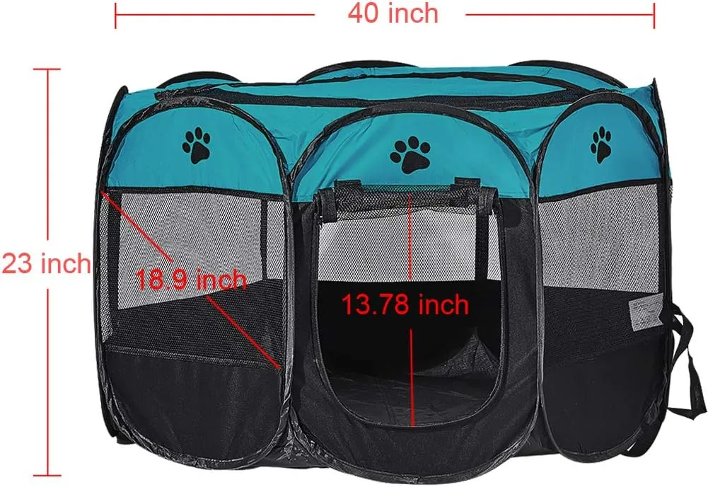 XhuangTech Soft Fabric Portable Foldable Pet Dog Cat Playpen, Exercise Kennel Dogs Cats for Indoor/Outdoor Use, Water Resistant Removable Mesh Shade Cover D40 x H23 inch(Blue&Black)