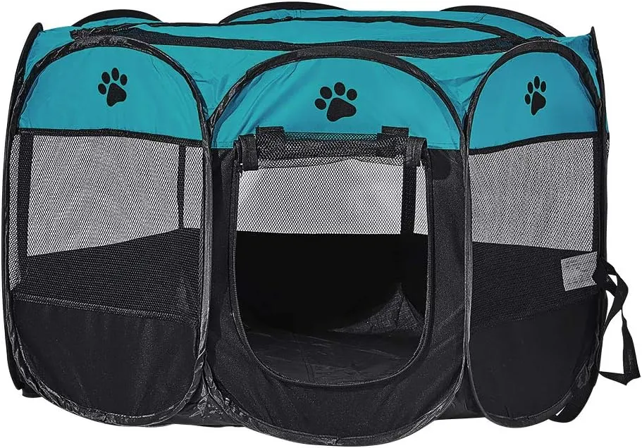XhuangTech Soft Fabric Portable Foldable Pet Dog Cat Playpen, Exercise Kennel Dogs Cats for Indoor/Outdoor Use, Water Resistant Removable Mesh Shade Cover D40 x H23 inch(Blue&Black)