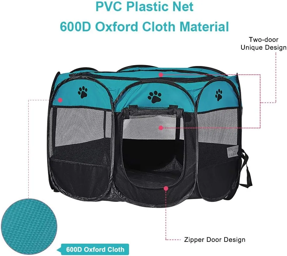 XhuangTech Soft Fabric Portable Foldable Pet Dog Cat Playpen, Exercise Kennel Dogs Cats for Indoor/Outdoor Use, Water Resistant Removable Mesh Shade Cover D40 x H23 inch(Blue&Black)