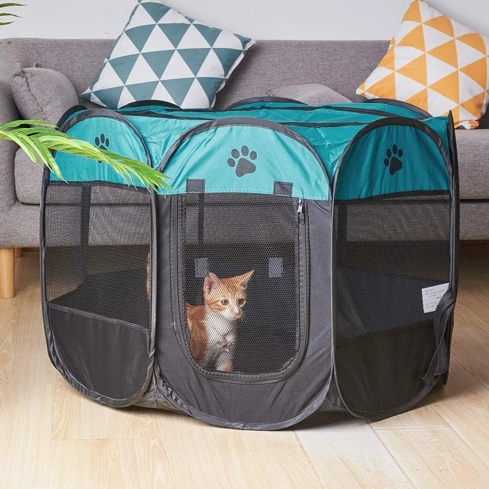 XhuangTech Soft Fabric Portable Foldable Pet Dog Cat Playpen, Exercise Kennel Dogs Cats for Indoor/Outdoor Use, Water Resistant Removable Mesh Shade Cover D40 x H23 inch(Blue&Black)
