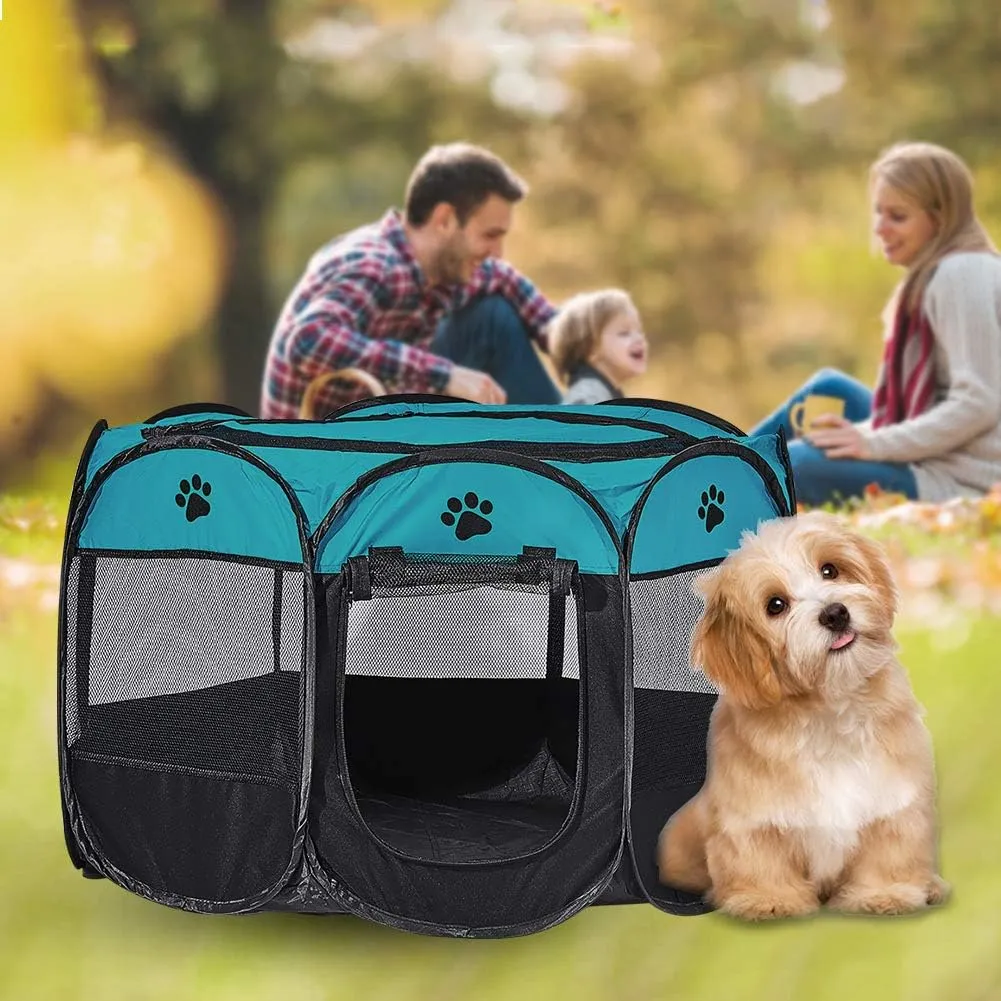 XhuangTech Soft Fabric Portable Foldable Pet Dog Cat Playpen, Exercise Kennel Dogs Cats for Indoor/Outdoor Use, Water Resistant Removable Mesh Shade Cover D40 x H23 inch(Blue&Black)