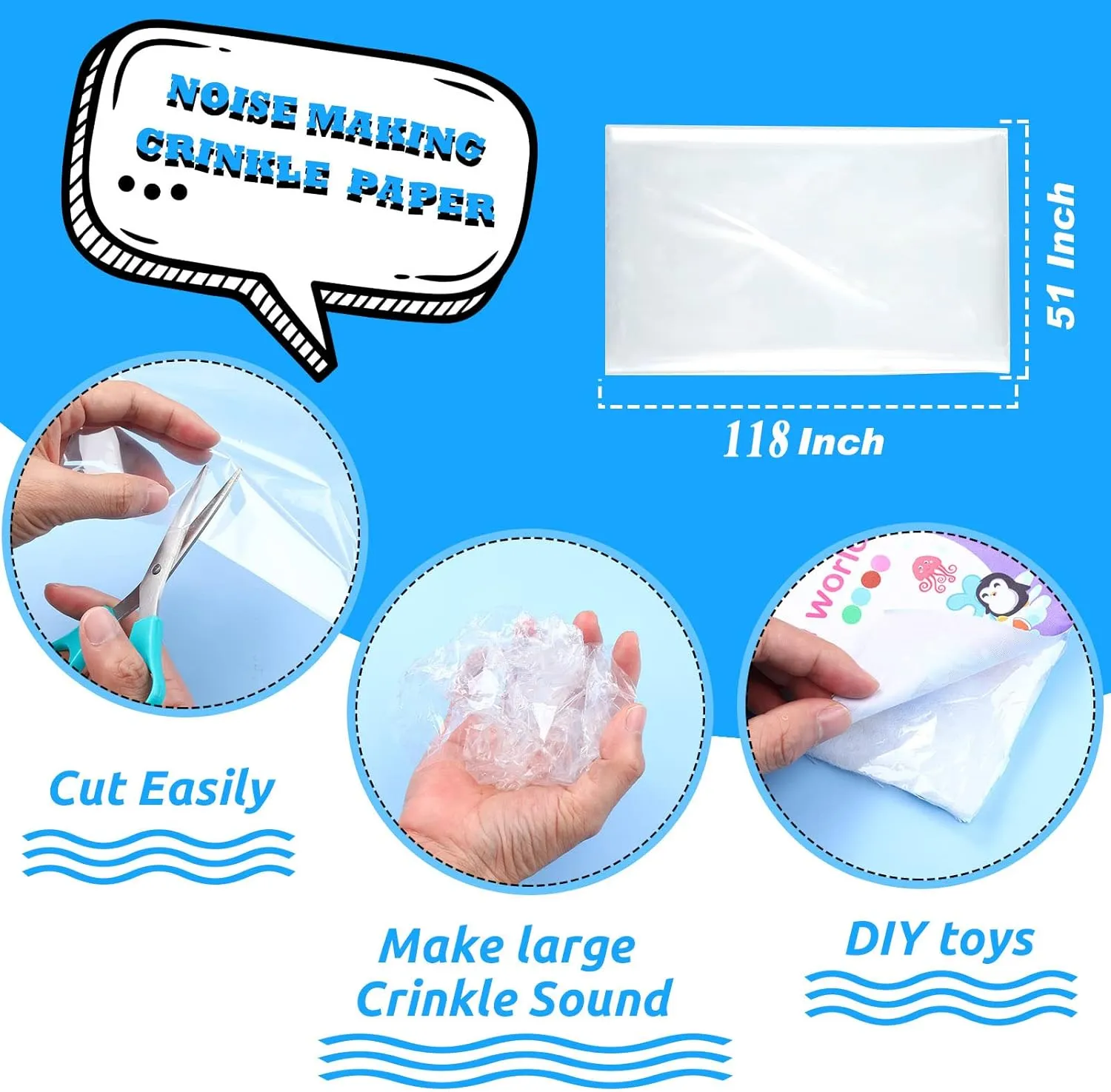 Zonon Noise Making Crinkle Paper Crinkle Material Noise Maker Plastic Film for Dog Cat Pet Supplies(51 x 118 Inch)